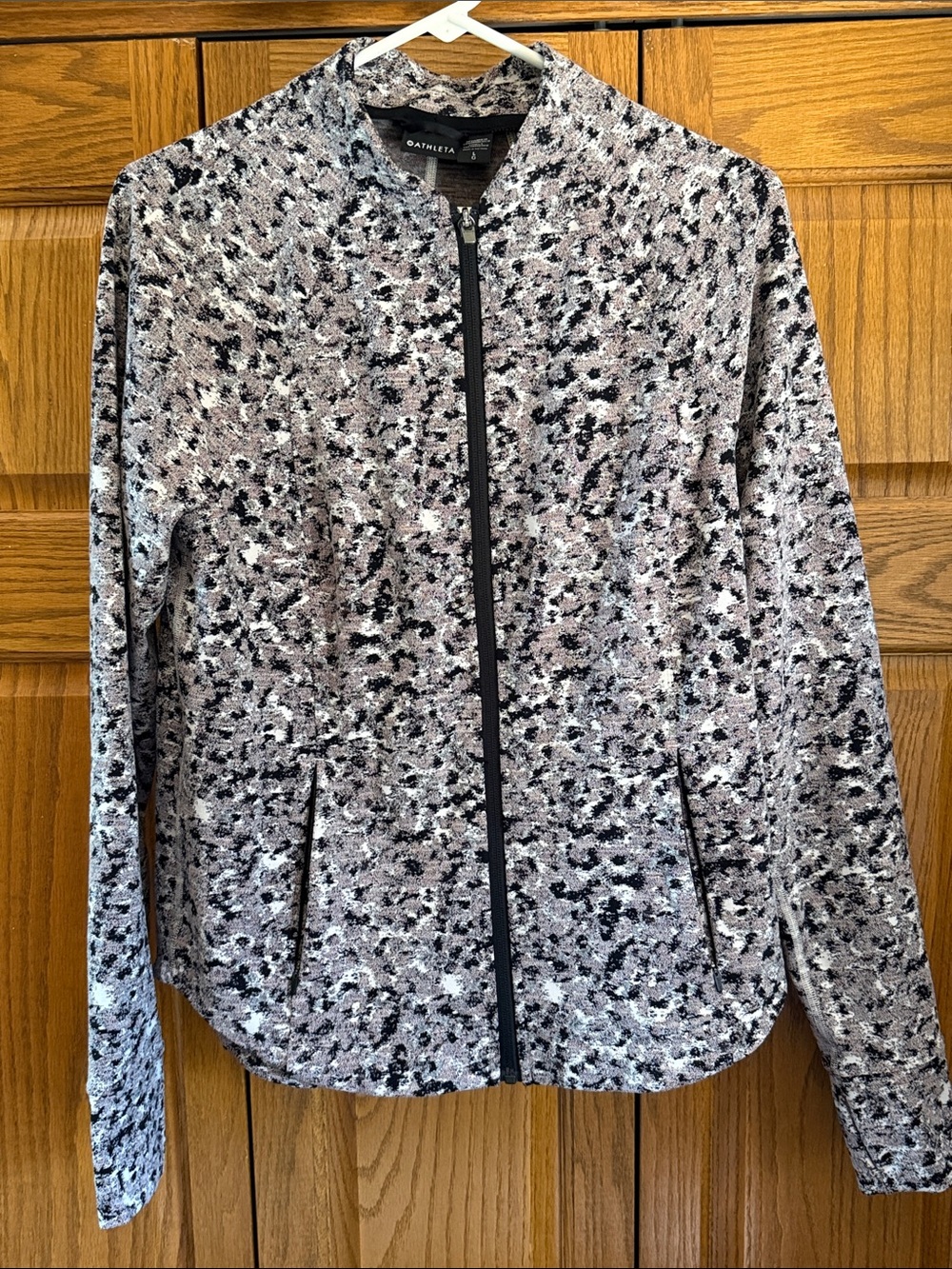 ATHLETA Women's Shanti Salutation Print Knit Jacket LARGE Mauve Black White Gray